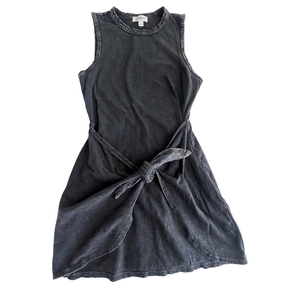 Evereve Greta Tie Front Sleevless Dark Grey Acid Wash Cotton Mini Dress Sz S